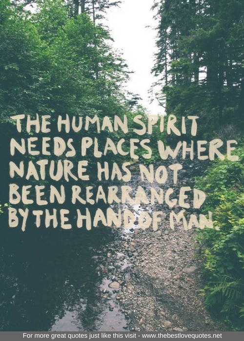 "The human spirit needs places where nature has not been rearranged by the hands of man"